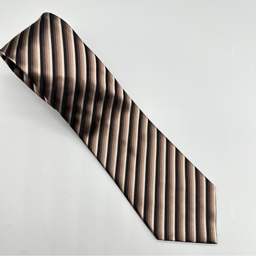 Kenneth Cole Reaction Tie – Brown Black Tan Striped Classic Necktie